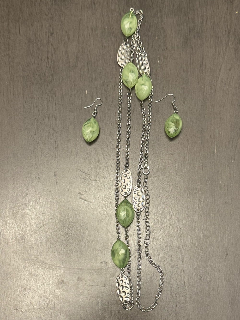 Silver Chain Necklace and Earring Set with Light Green Beads